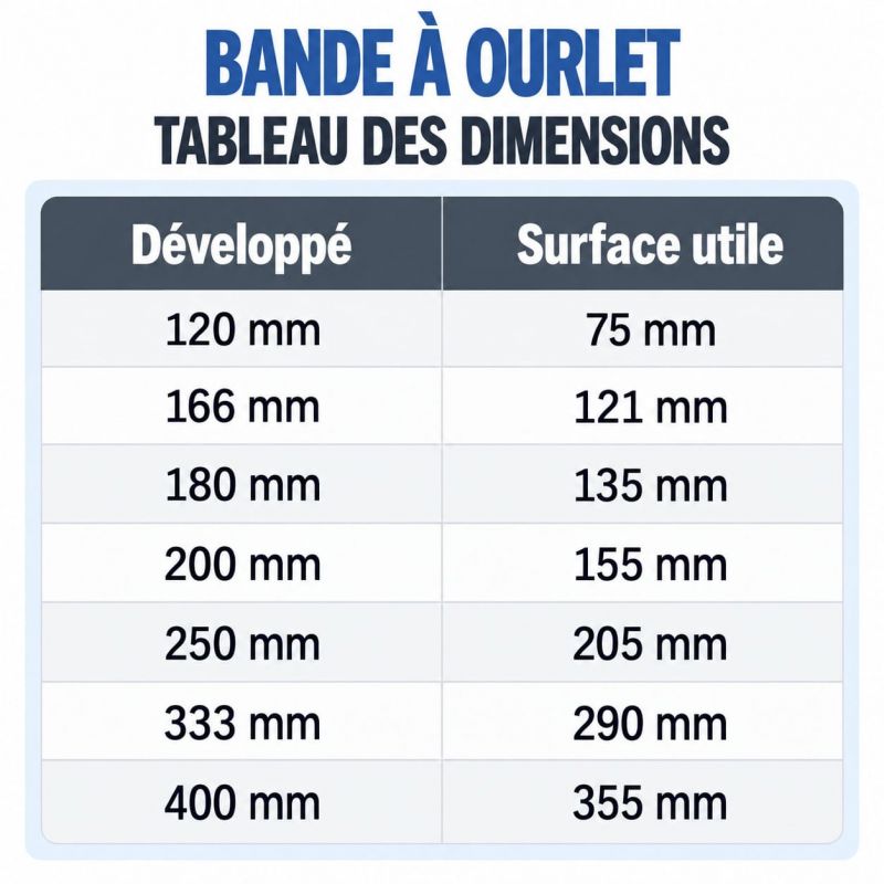 Tableau des dimensions bande à ourlet Aluminium - toutes les mesures