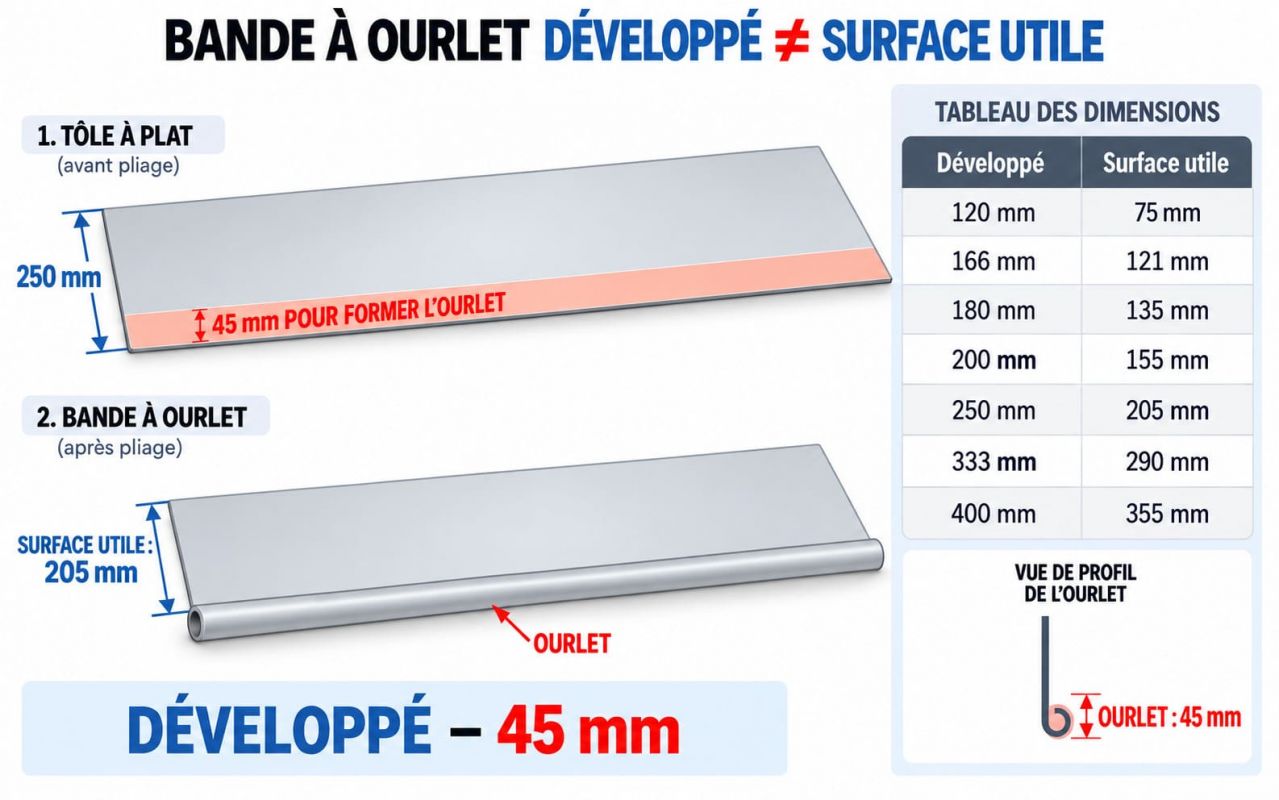 Bande à ourlet Aluminium - structure pliée et déployée 45mm