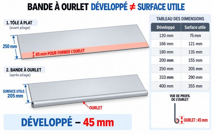 Bande à ourlet Aluminium - structure pliée et déployée 45mm