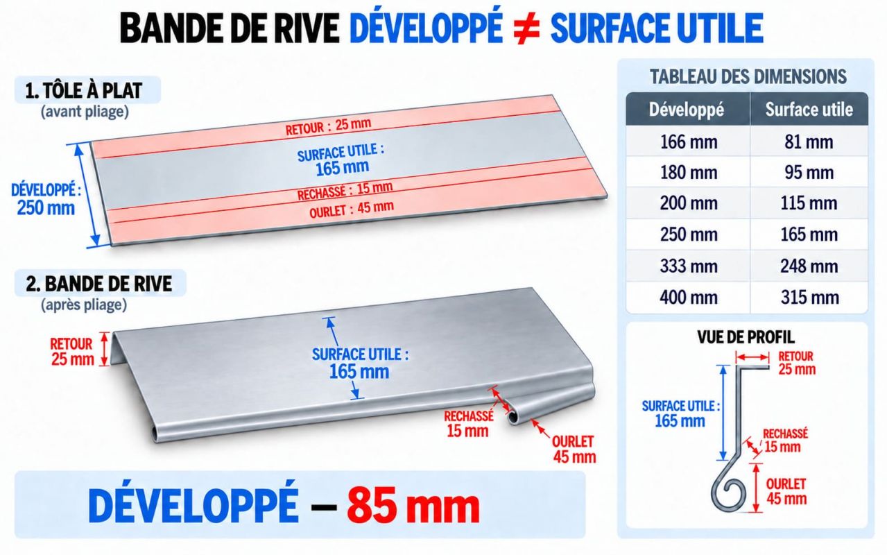 Bande de rive Zinc Quartz - comprendre le développé et la surface utile