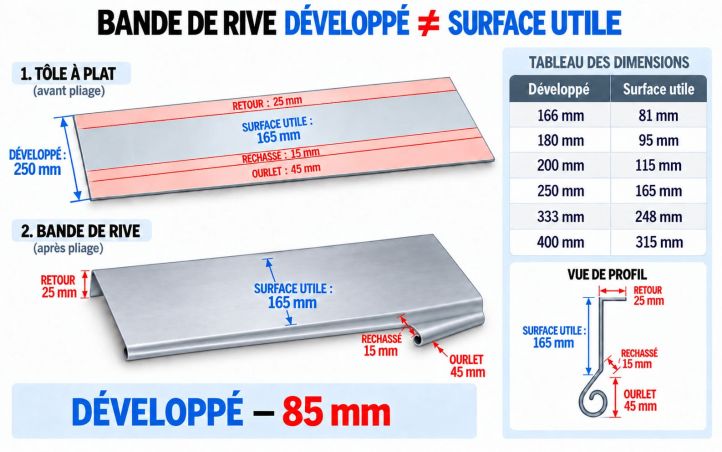 Bande de rive Zinc Quartz - comprendre le développé et la surface utile
