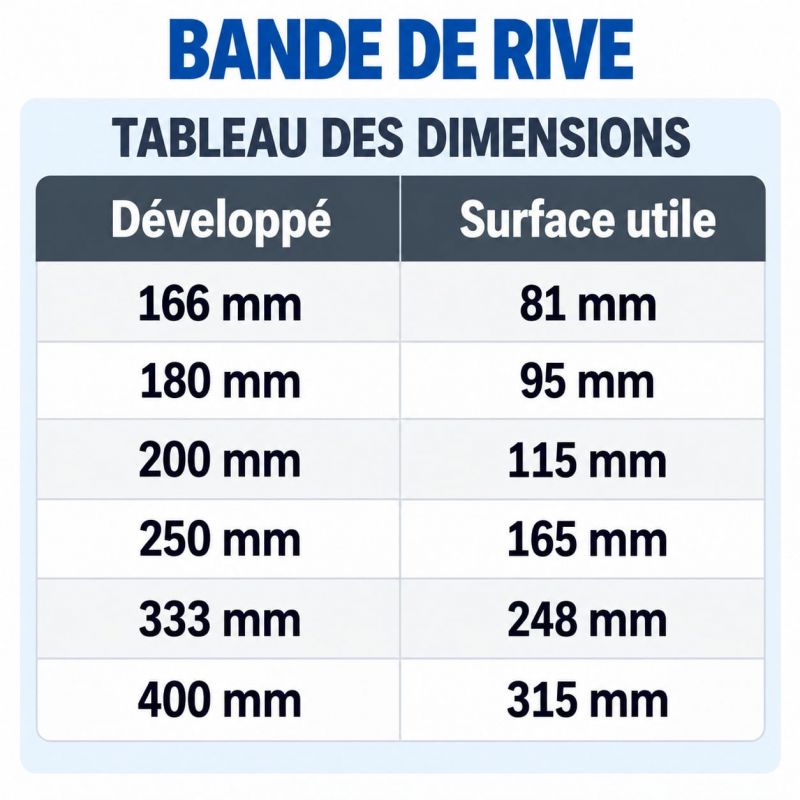 Tableau des dimensions bande de rive Zinc Quartz - toutes les mesures