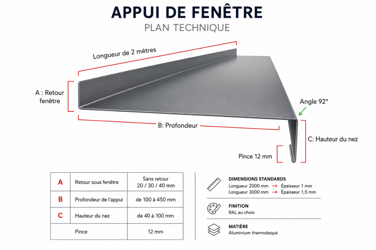 Schéma de montage appui de fenêtre aluminium avec retour profondeur et hauteur du nez